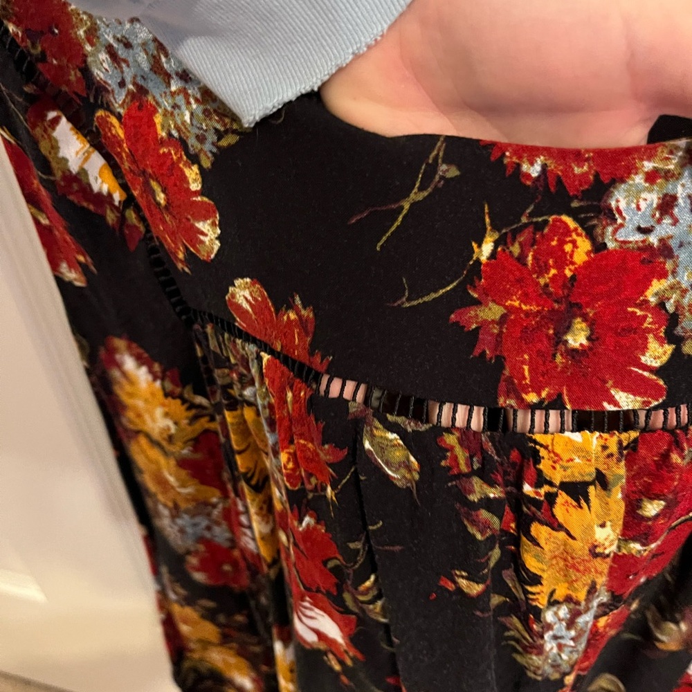 Floral Black top with Red and Yellow Accents